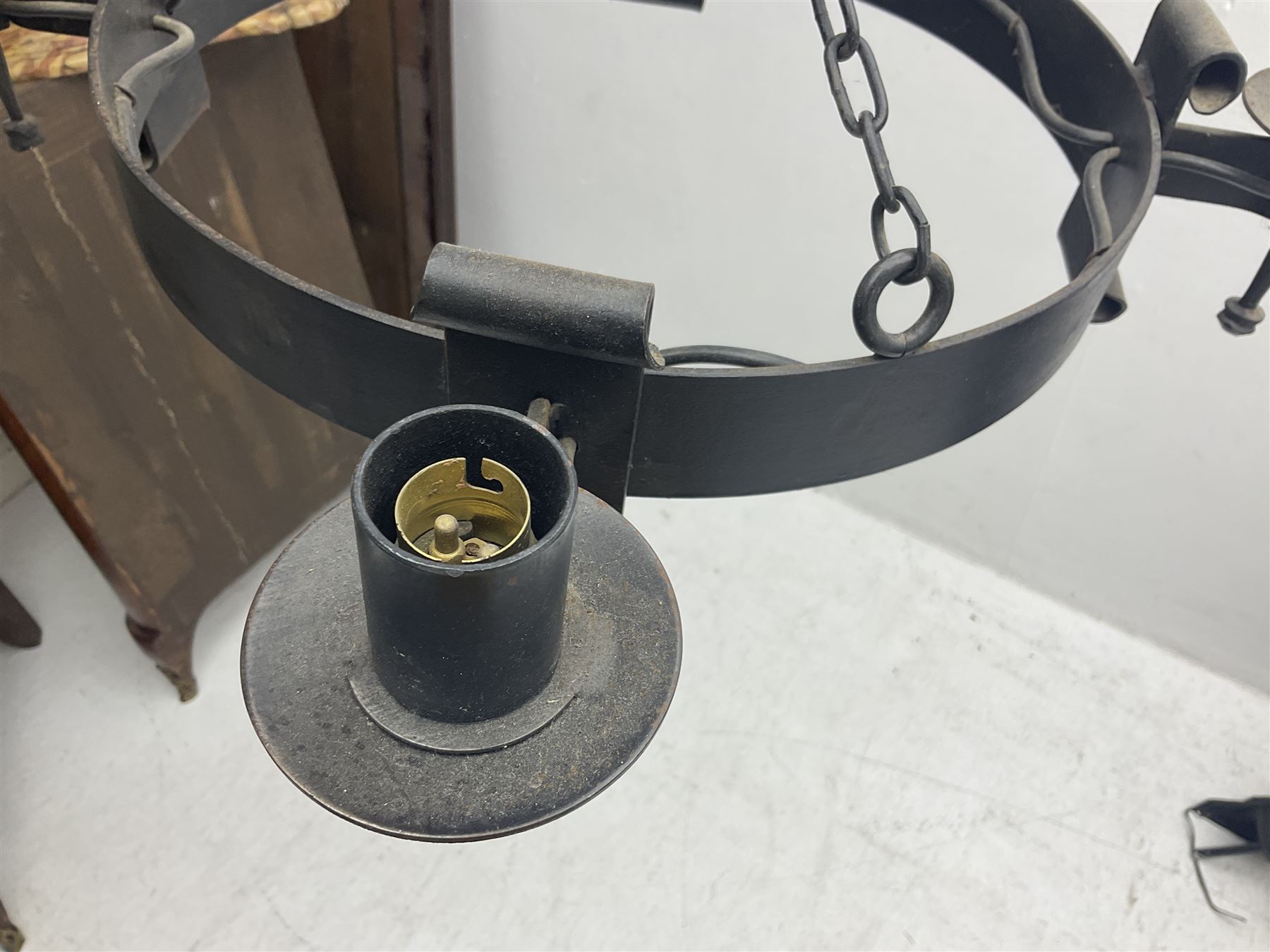 Pair of gothic style wrought iron ceiling lights, each with four branches, D58cm