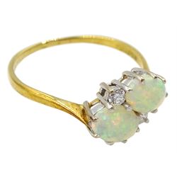 18ct gold two stone oval opal and two stone round brilliant cut diamond crossover ring, London 1981