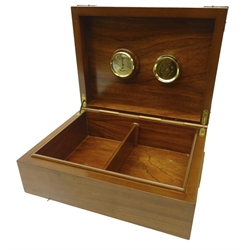  Mahogany and brass bound cigar humidor, with internal dial with two cigar holders, pipe cleaners and cigar cutter, L28.5cm x H11cm x D22cm   