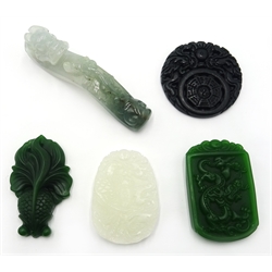  Five 20th century white, green and black jade pendants  
