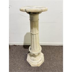 Marble alabaster pedestal, fluted column on acanthus carved base
