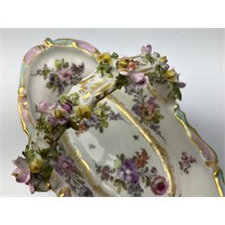 Dresden floral basket, hand painted with floral decoration and gilt scrolls, H12cm, L20cm. 