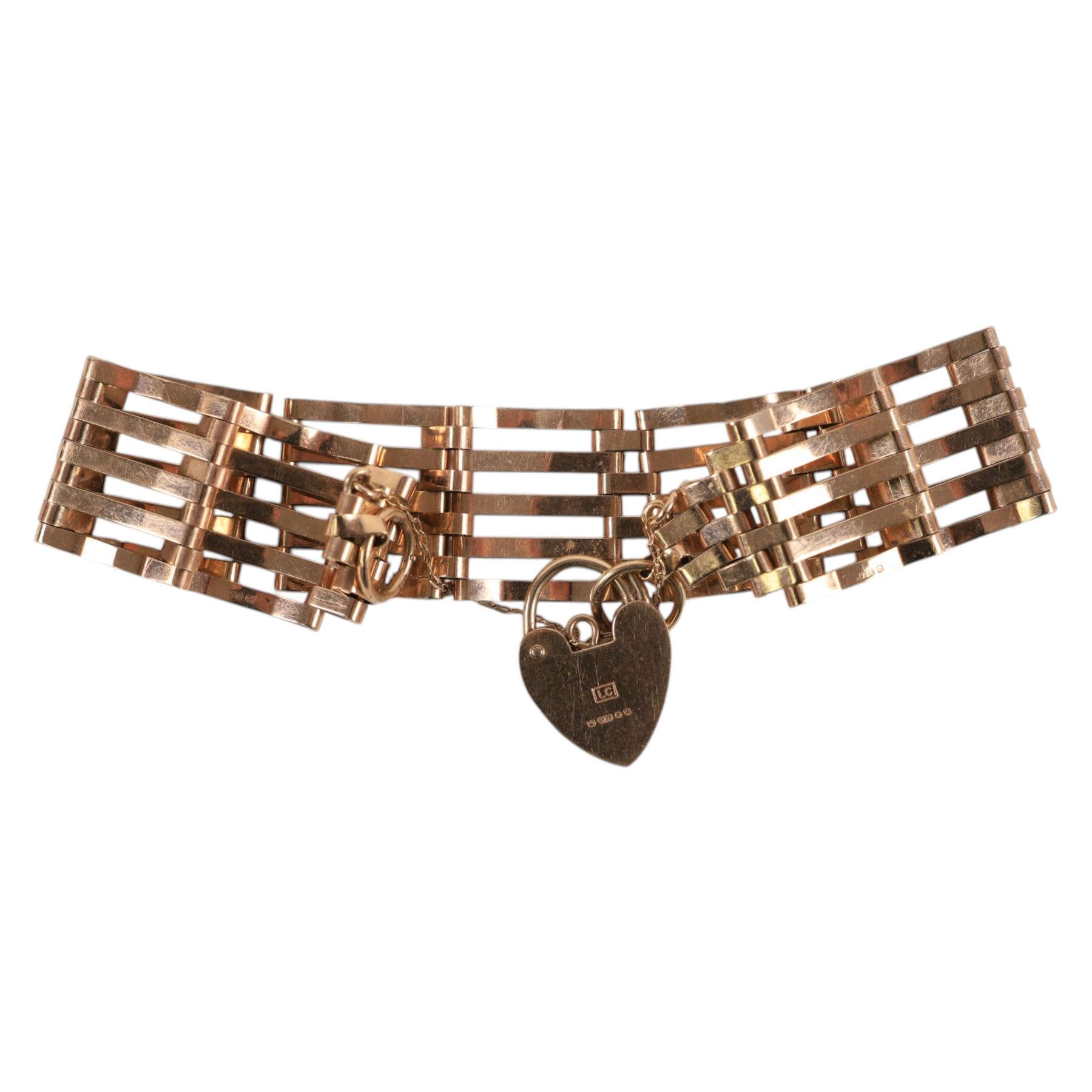 9ct gold five bar gate bracelet, with heart padlock clasp, hallmarked 
