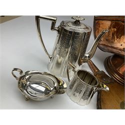 Copper coal scuttle, brass jam pan and bellows and other fireside accessories, together with a quantity of silver plate to include teapot, jug, tongs etc etc