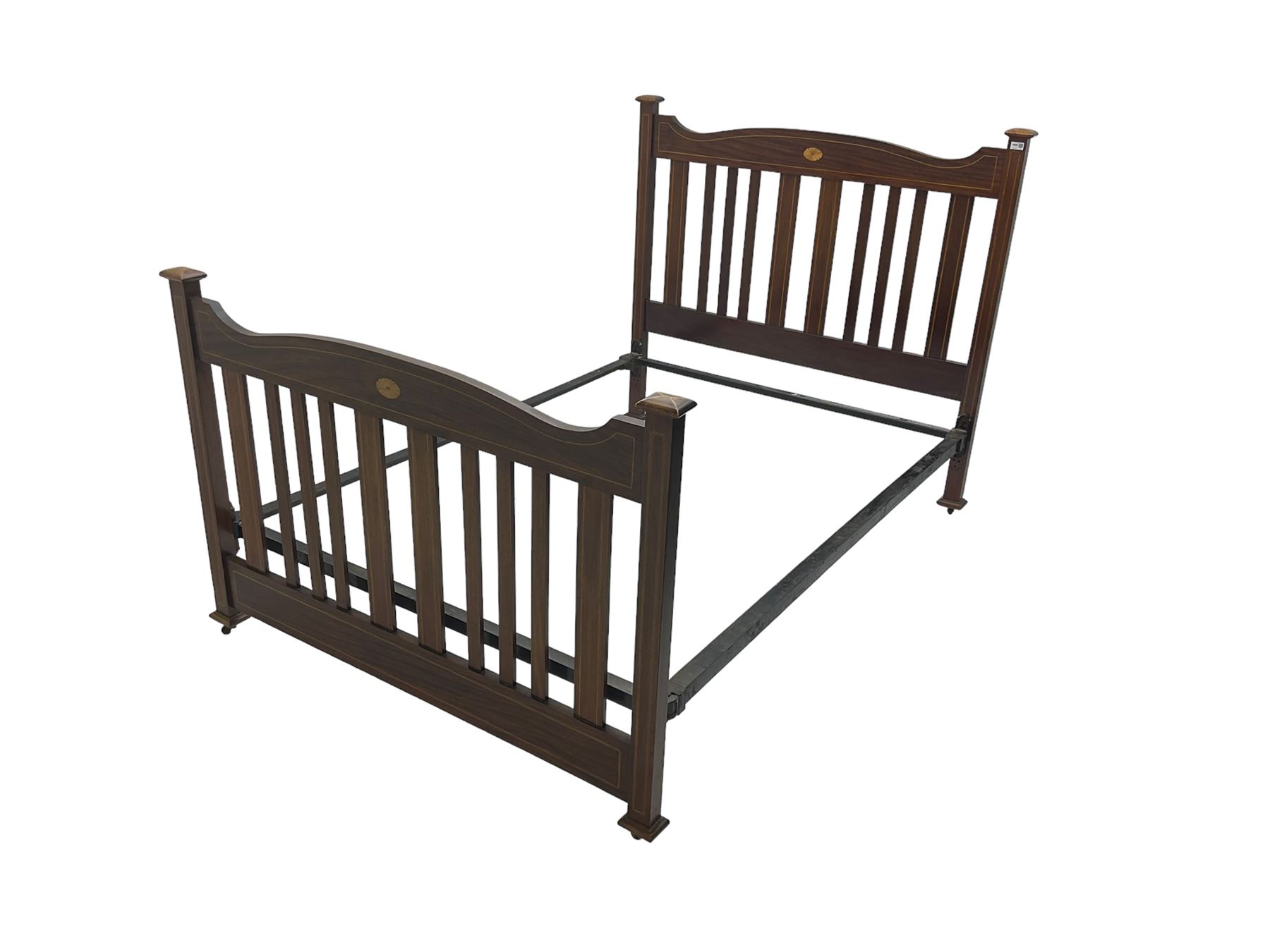 Edwardian inlaid mahogany double bedstead, headboard cresting rail with satinwood inlay shell and satinwood and ebony stringing