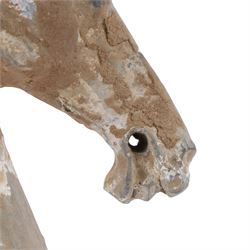 Group of early Chinese pottery items, probably Han Dynasty,, two dignitary heads and horses head, horse H17cm