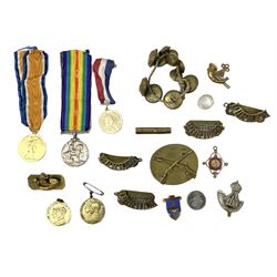 WW1 pair of medals comprising British War Medal and Victory Medal awarded to 24085 Sjt. J. Hazle Durh. L.I.; together with Durham Light Infantry cap and collar badges, shoulder titles, buttons etc; various royalty commemorative medallions etc