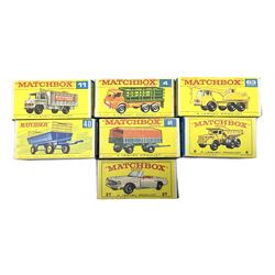 Matchbox - seven '1-75' series models comprising 2d Mercedes Trailer, 4d Stake Truck, 6b Euclid Quarry Truck, 11d Mercedes Scaffolding Truck, 27d Mercedes Benz 230SL, 40c Hay Trailer and 63c Dodge Crane Truck; all boxed; two Collector's Catalogues 1968 and 1971 (USA) and Collector's Gems booklet (10) 