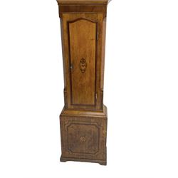 Tobias Fletcher of Barnsley -  late 18th century oak cased 30hr longcase clock with a swans neck pediment, brass paterie and finial, break arch dial flanked by reeded pilasters, trunk with a wavy topped door with inlay and crossbanding, conforming square plinth on decorative base, painted dial with flowers to the break arch and spandrels, Roman numerals, minute track, five minute Arabic's and matching steel hands, chain driven count wheel movement, with weight and pendulum.