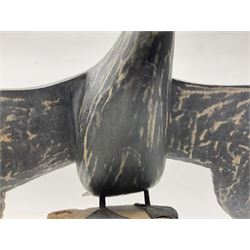 Wooden sculpture of Cormorant aquatic bird on a naturalistic wooden plinth, H46cm