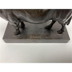 After Antoine-Louis Barye, bronze figure of a bull, upon a rectangular base, H10cm 