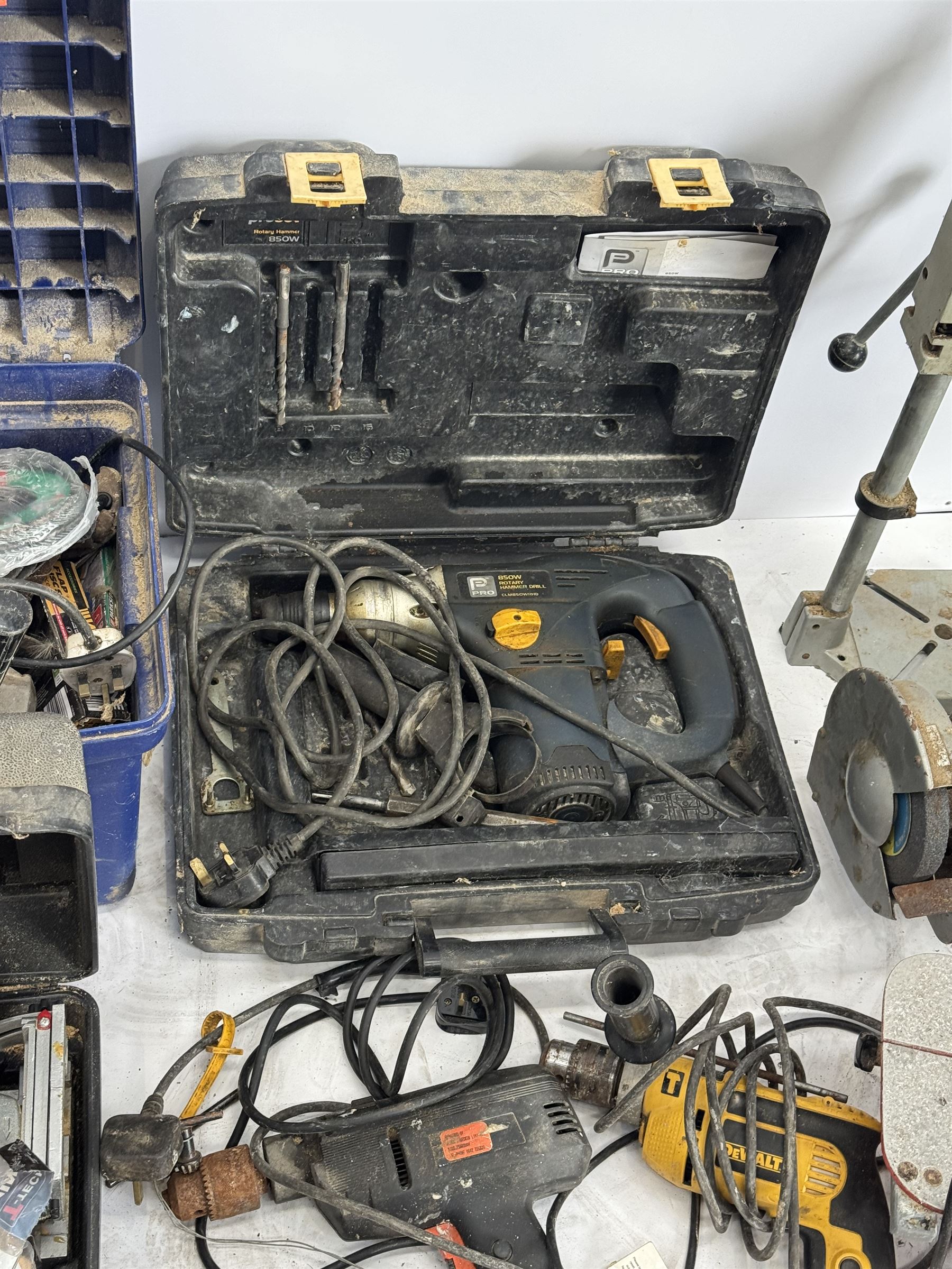 Performance Pro router with accessories, cased; DeWalt drill, two angle grinders with bits, biscuit jointer, bench grinder, scroll saw, heat gun, drills and other