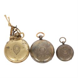 Three pocket watches, comprising silver open faced example, silver fob watch and a brass open faced example