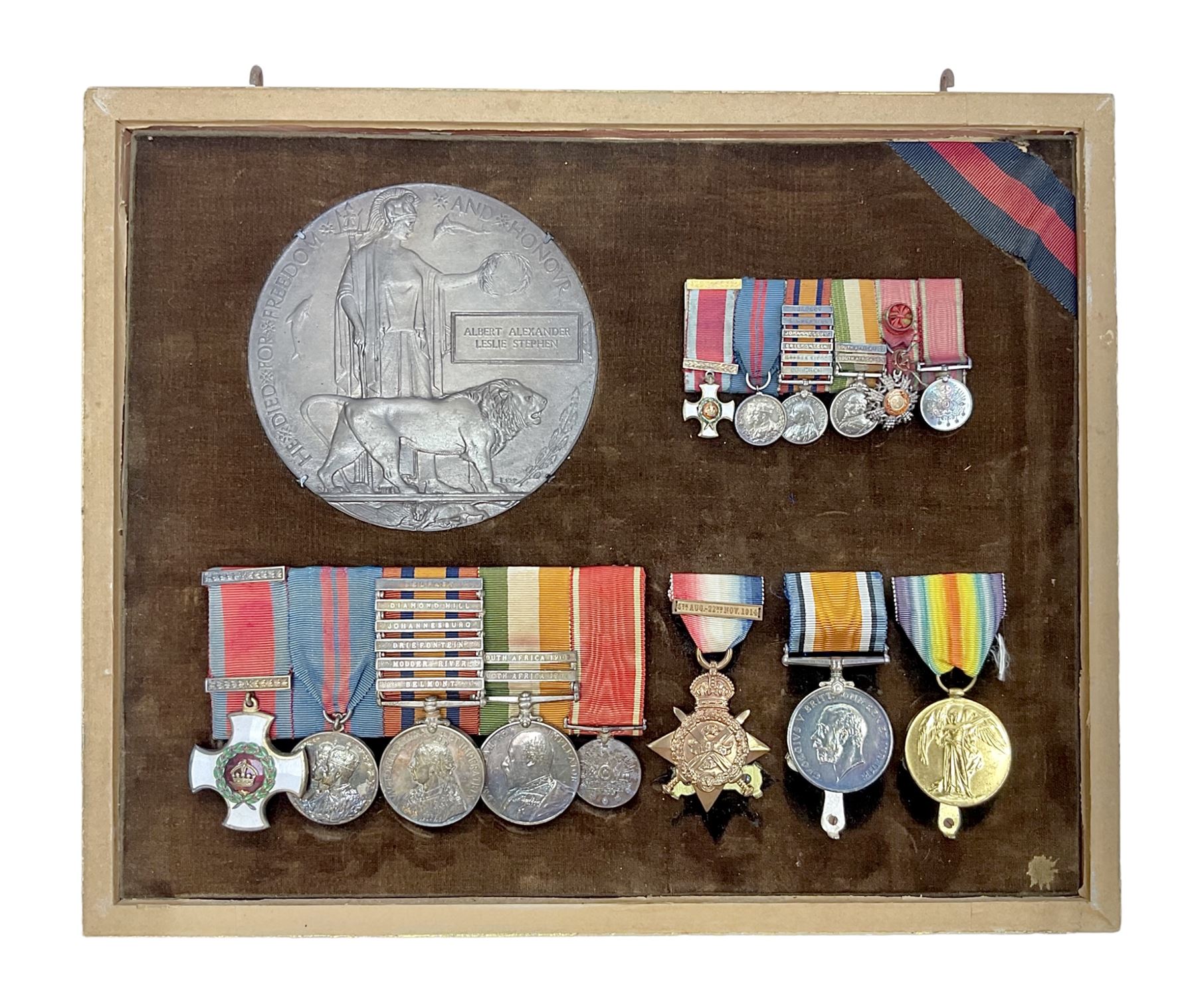 KIA (Ypres)  DSO group of eight Boer War/WW1 medals comprising Victorian DSO, Queens South Africa Medal with six clasps for Belmont, Modder River, Driefontein, Johannesburg, Diamond Hill and Belfast, Kings South Africa Medal with two clasps for South Africa 1901 and South Africa 1902, Turkish Liakat Medal, WW1 1914 Star with 5th Aug - 22nd Nov 1914 bar, British War Medal and Victory Medal and George V 1911 Coronation Medal, awarded to Lieutenant (later Captain) Albert Alexander Leslie Stephen Scots Guards; the group of six Boer War miniatures including additional Turkish Order of the Medjedie 3rd Class with rosette; all with ribbons and later mounted and framed with his bronze memorial plaque; together with Cecil Cutler (active 1886-1934) heightened watercolour three-quarter length portrait of Stephen in uniform, signed and dated 1915, 52 x 35cm; gilt frame;
Auctioneer's note: STEPHEN, ALBERT ALEXANDER LESLIE, Lieutenant, was born 3rd February 1879, son of Major J Z Stephen and Augusta Henrietta Mary (nee Ricketts). He was educated at Eton, and joined the Scots Guards 4th January 1899, becoming Lieutenant 4th April 1900. He served in the South African War, in which he was present at a large number of engagements. He took part in the advance on Kimberley, with the action at Behnont, and was present at Enslin, Modder River and Magersfontein, and also at the operations in the Orange Free State, Transvaal, Orange River Colony and Cape Colony, including actions at Poplar Grove, Driefontein, Vet and Zand Rivers; the action near Johannesburg, those at Pretoria, Diamond Hill and Belfast. From January 1901, he was Assistant Provost-Marshal to Pulteney's Column, and he was Intelligence Officer to Garrett's Column in 1902. He was twice mentioned in Despatches [London Gazette, 10 September 1901, and 29 July 1902]; received the Queen's Medal with six clasps; the King's Medal with two clasps, and was created a Companion of the Distinguished Service Order [London Gazette, 31st October 1902]: 