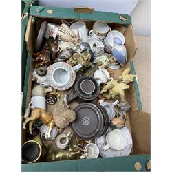 Quantity of Victorian and later ceramics to include W & B Longton Queen Victoria transfer mug, animal figures, to include Aynsley, Leonardo etc, cottage ware, wash jug set, etc in four boxes