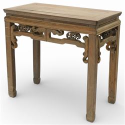 20th century Chinese hardwood console table, rectangular panelled top within a mitred fram...