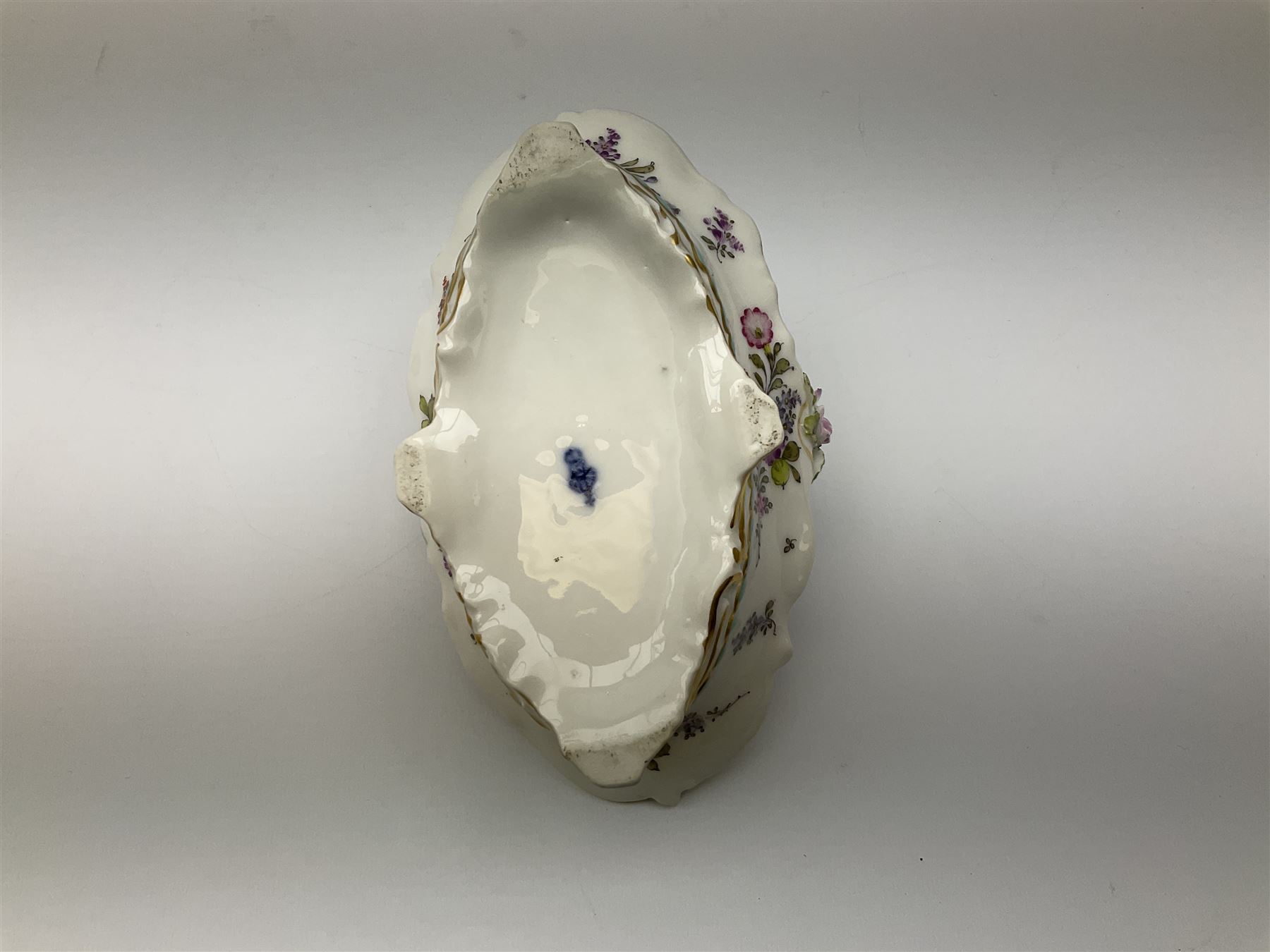 Dresden floral basket, hand painted with floral decoration and gilt scrolls, H12cm, L20cm. 