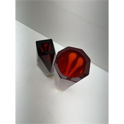 Two Italian Murano Sommerso faceted glass vases, in reds with a core, largest H36cm