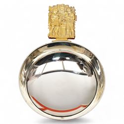 York Minster limited edition silver bowls, commemorating the 500th anniversary of the completion of the Gothic Minster, designed by Hector Miller for Aurum, the gilded handle decorated with stonemasons and blacksmiths working, with planished finish to exterior, no. 326 and 327/1000,  hallmarked Hector Miller, London 1972, D11.5cm, with certificates and original case