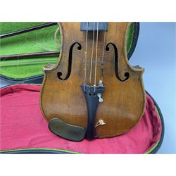 1920s German Saxony three-quarter size violin with 33cm two-piece maple back and ribs and spruce top; 55cm overall; in carrying case with two bows