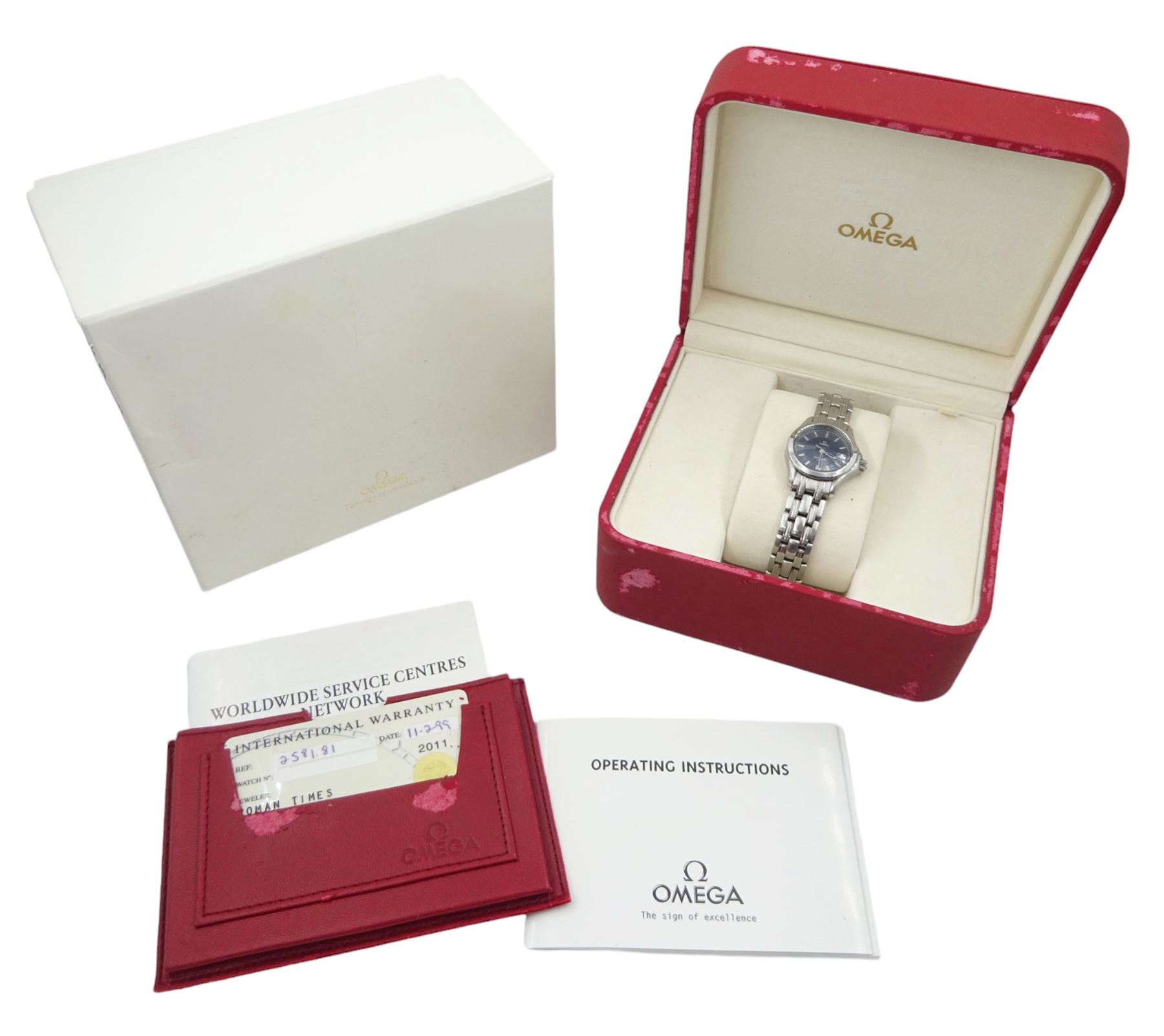 Omega Seamaster ladies stainless steel quartz wristwatch. Ref. 2581.81, blue wave dial, with baton hour markers and date aperture, on original stainless steel bracelet, with fold-over clasp, boxed with international warranty card dated 1999