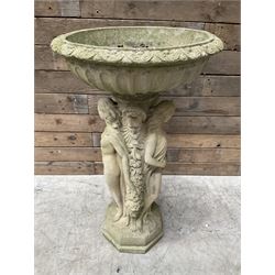 Cast stone bird bath, pedestal in the form of 'The Three Graces'