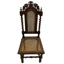 Victorian Carolean style oak chair, high-back with cartouche and oak leaf carved cresting, caned back and seat, on spiral turned supports 
