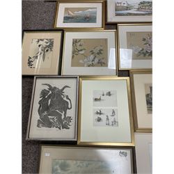 Collection of watercolours and other pictures, artists including FW Ridley (pair), AD Bell (pair unframed), James Orrock, Mel Fowler, Gianni, Michael Major (of Scalby Mills near Scarborough), still life oil in gilt frame, Whistler print, Japanese paintings on silk, etc