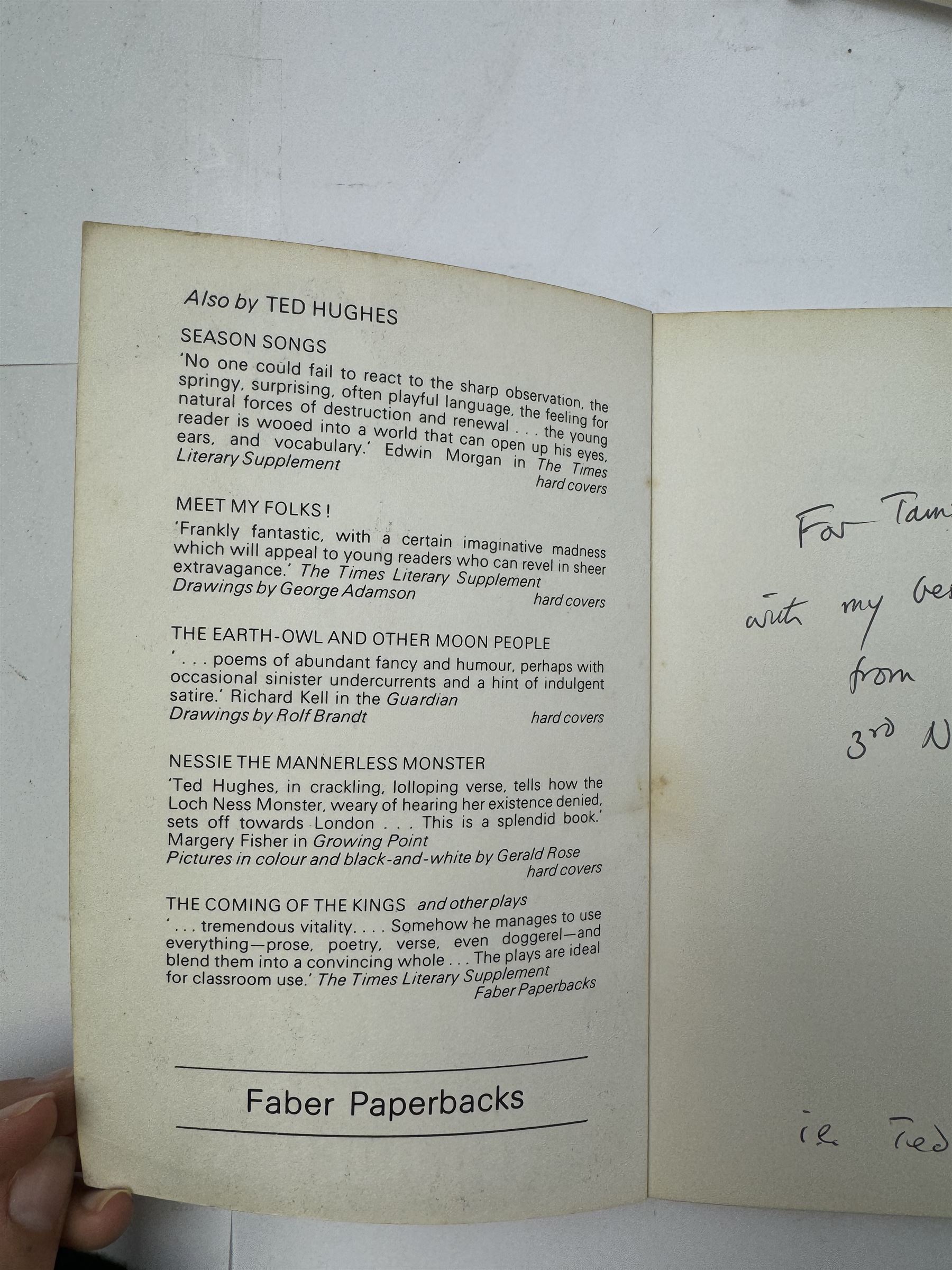 Ted Hughes, The Iron Man, singed with presentation inscription, together with Charles Causley, As I went Down Zig Zag, signed with presentation inscription (2)
