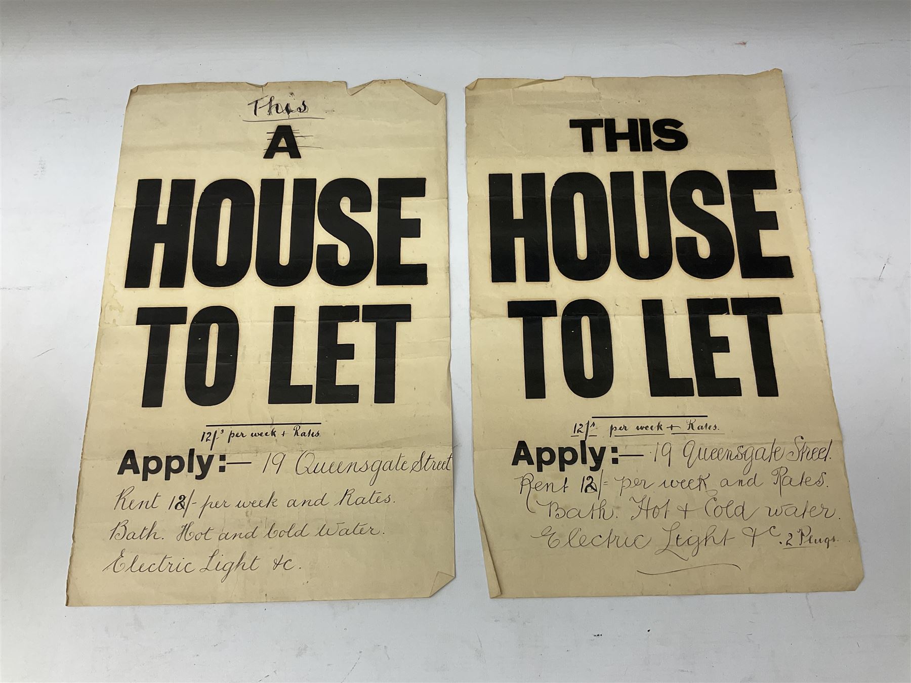 Seven late 19th/early 20th century auction posters of Hull/Yorkshire interest for properties in Hithe (Hive) 1852, South Cave 1880, Ellerker 1904, Hive 1921, Osbaldwick 1921, Balfour Street Hull 1922 and Sancton 1922; another for Cumberland 1824; two early 'This House To Let' posters; posters unframed and folded; and auction particulars for Gator Court, Ashburton, South Devon 