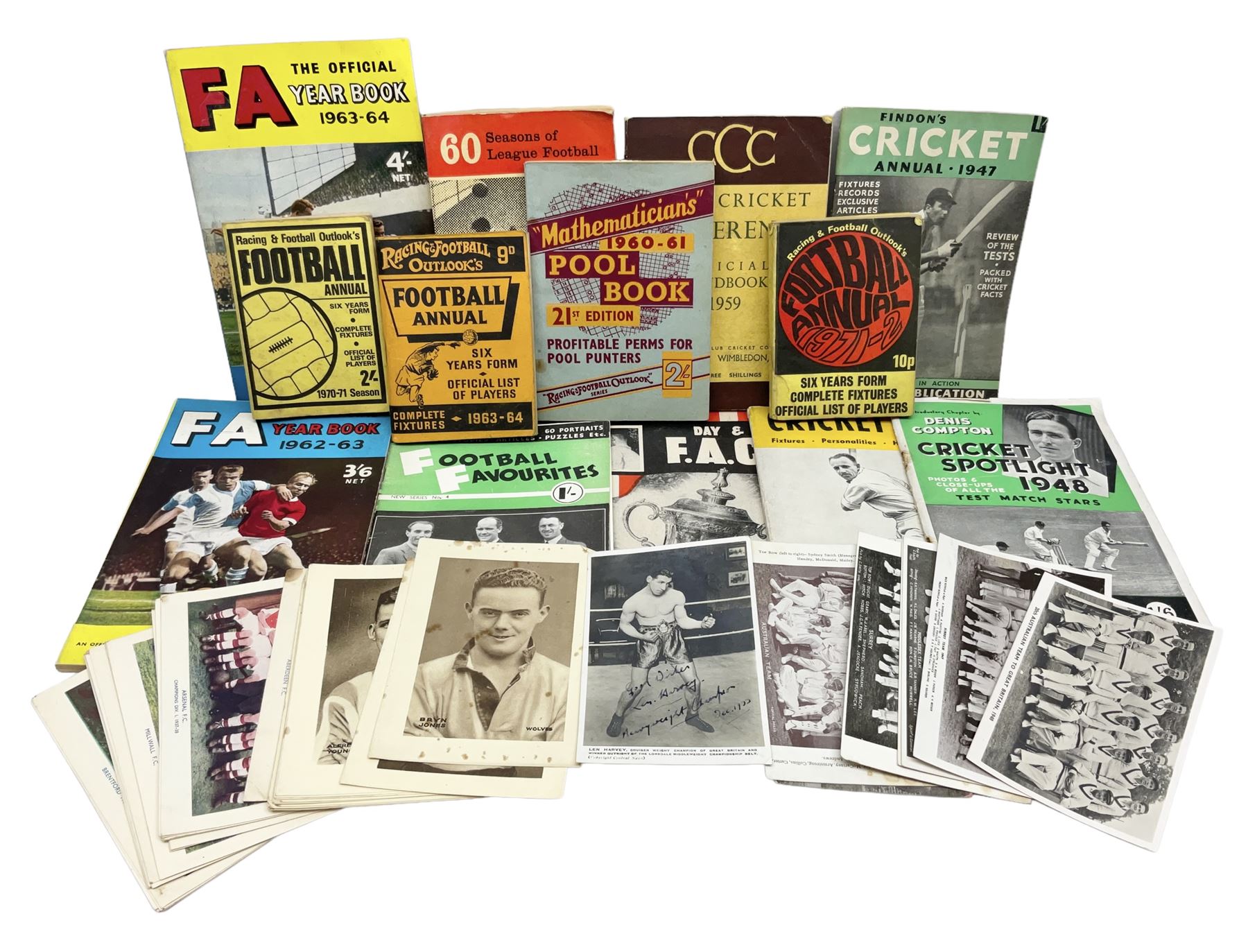 Football - Sherman's Searchlight on Famous Teams trade cards 1938-39 (28) and Searchlight on Famous Players (15); and nine booklets including F.A. Cup Annual 1951;two early 1960s F.A. Yearbooks etc; together with seven photographs of cricket teams, first half of 20th century; and four 1940s and later cricket booklets; and a signed postcard of boxer Len Harvey
