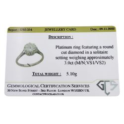 Platinum single stone round brilliant cut diamond ring, Birmingham 1975, diamond approx 3.00 carat, with Gemmological Certification Services certificate