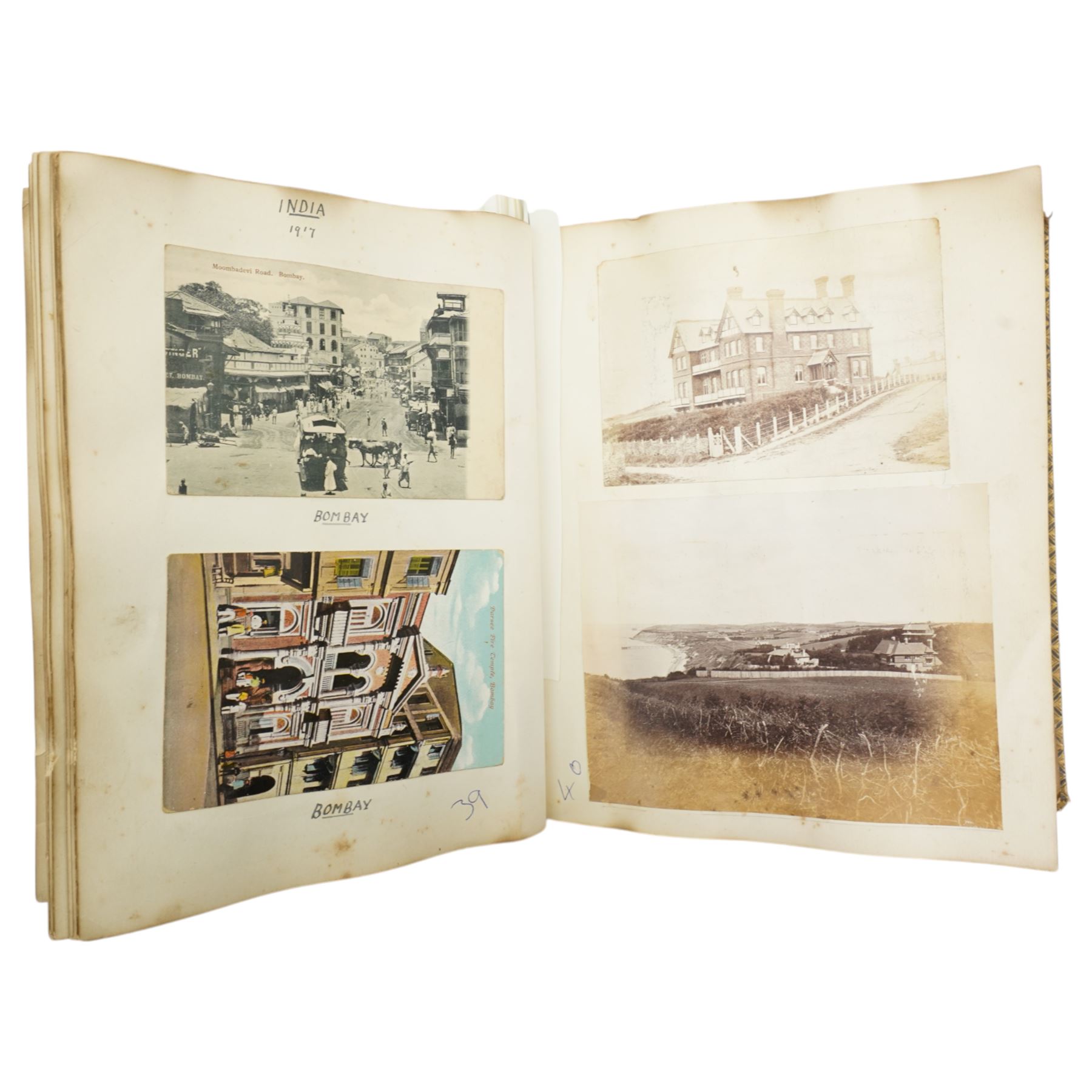 Early 20th century photograph album and contents of approximately 200 photographs and postcards including Alexandra Palace, Isle of Wight, views of Belgaum, India 1917, Palestine and Syria 1917-1919 etc, number of military glass slides and loose photographs