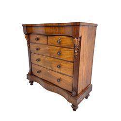 Victorian mahogany Scotch chest, fitted with two short and three long drawers, with secret frieze drawer, on turned feet