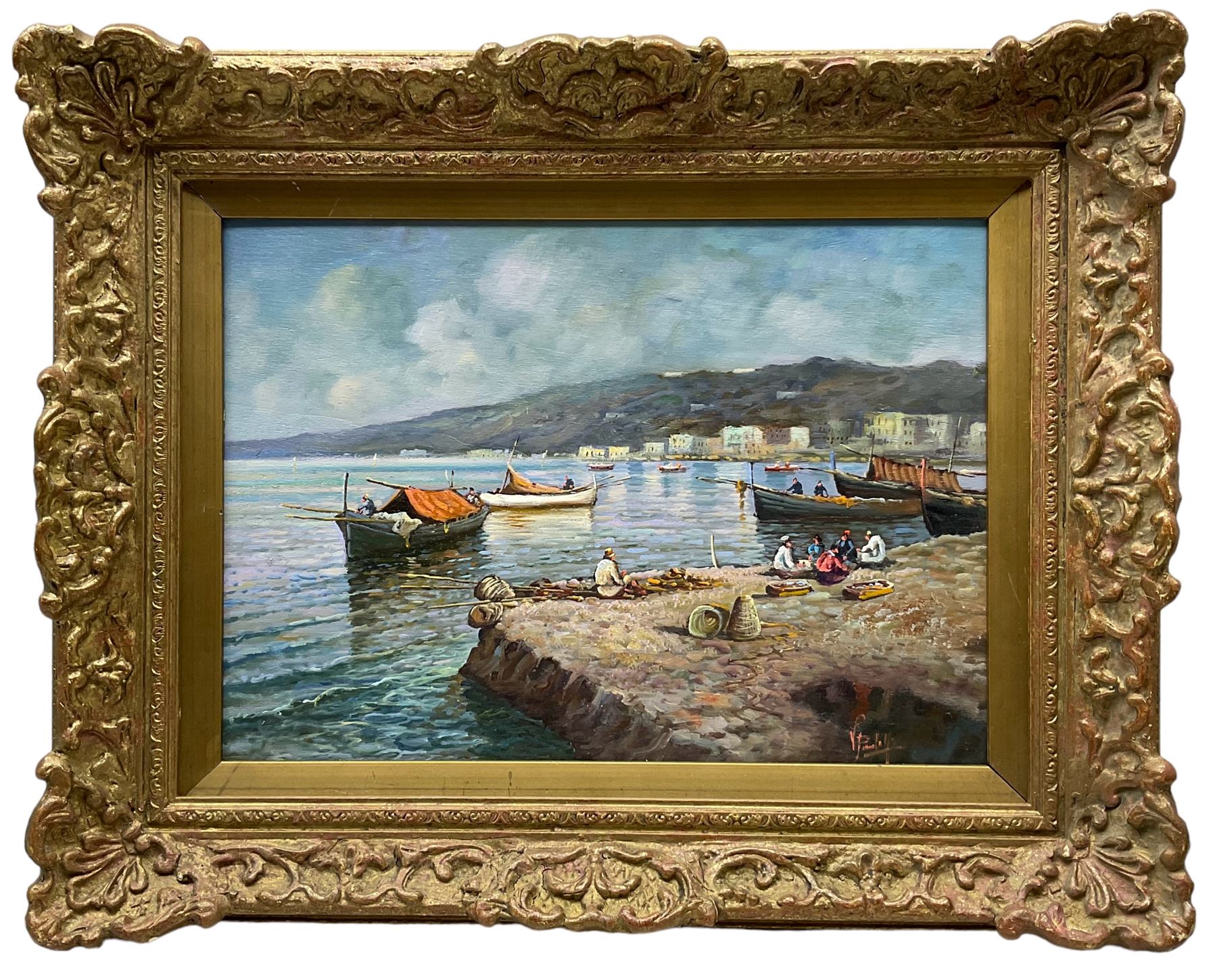 V* P* (Italian 20th century): The Amalfi Coast, oil on panel indistinctly signed 24cm x 33cm