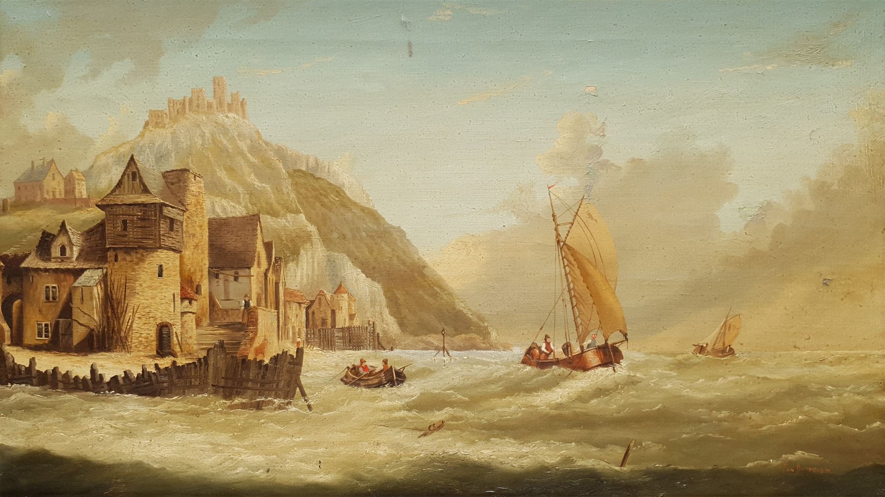 Jan Dommersen (Dutch 19th century): Ships off a Coastal Castle, oil on canvas signed 34cm x 59cm