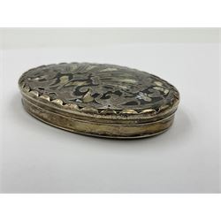 18th century silver plated oval snuff box with tortoiseshell lid inlaid with silver and mother of pearl 