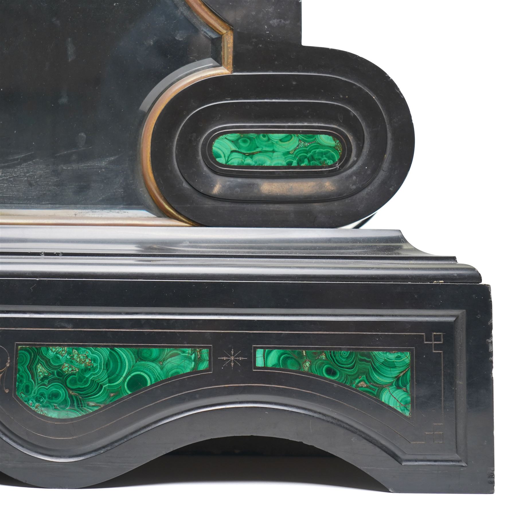 French-Late 19th century Belgium slate mantel clock, 8-day movement housed in a drum case with volutes, cradled within scroll supports and a shaped pendulum viewing glass with a brass surround, stepped plinth with incised decoration and malachite panels, two-piece enamel dial within a cast brass bezel, dial with Roman numerals, minute markers and steel moon hands, visible Brocot dead-beat escapement fitted with cornelian pallets, twin train going barrel movement with rack striking, sounding the hours and half-hours on a bell. With the original twin file mercury pendulum.
 