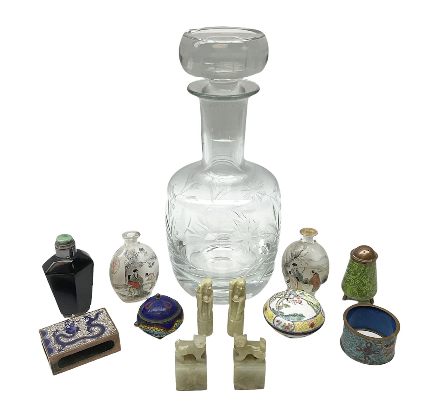 Krosno glass decanter with etched floral decoration, snuff bottles to include oriental glass examples, cloisonné matchbox cover, napkin ring and other examples