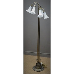  Tiffany style five branch standard lamp, metal floral moulded base, H153cm  