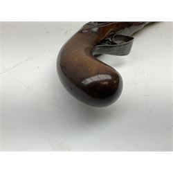 Early 19th century flintlock 16-bore overcoat/duelling pistol by William Bond Lombard Street London, the 23cm octagonal brown stub twist damascus barrel with small foresight, two barrel pins and ram rod under, inscribed Lombard Street London to the top and W. Bond to the action, full walnut stock with lightly engraved steel furniture, pineapple finial and escutcheon, half cock facility L39cm; loose mounted on later mahogany display stand with trade label