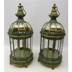  Pair dome top lanterns, twelve sided gilt metal frame with glass panels and swing carry handle, H69cm   