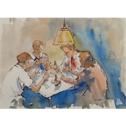 Rosemarie de Goede (South American Contemporary): The Card Players, watercolour and ink signed 28cm x 38cm