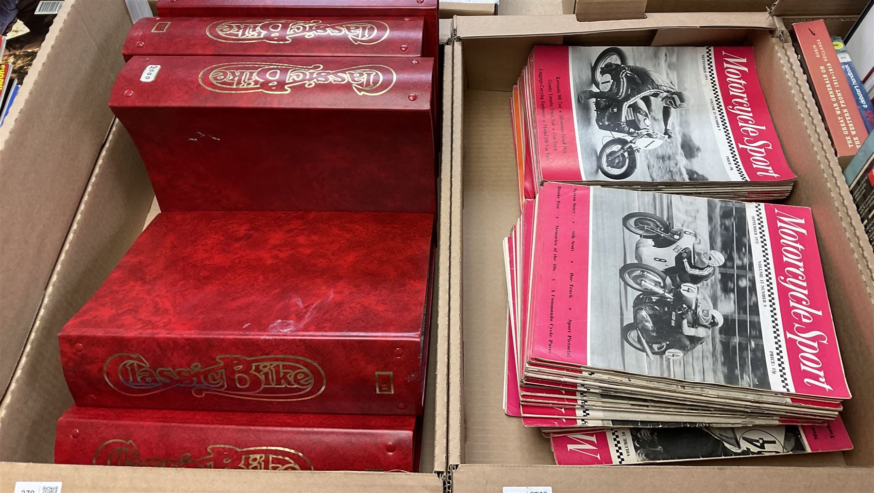 Large collection of motorcycle and motoring magazines, to include Classic Bike in eleven folders, Motorcyle Sport, Old Bike Mart Newspapers etc, in thirteen boxes 
