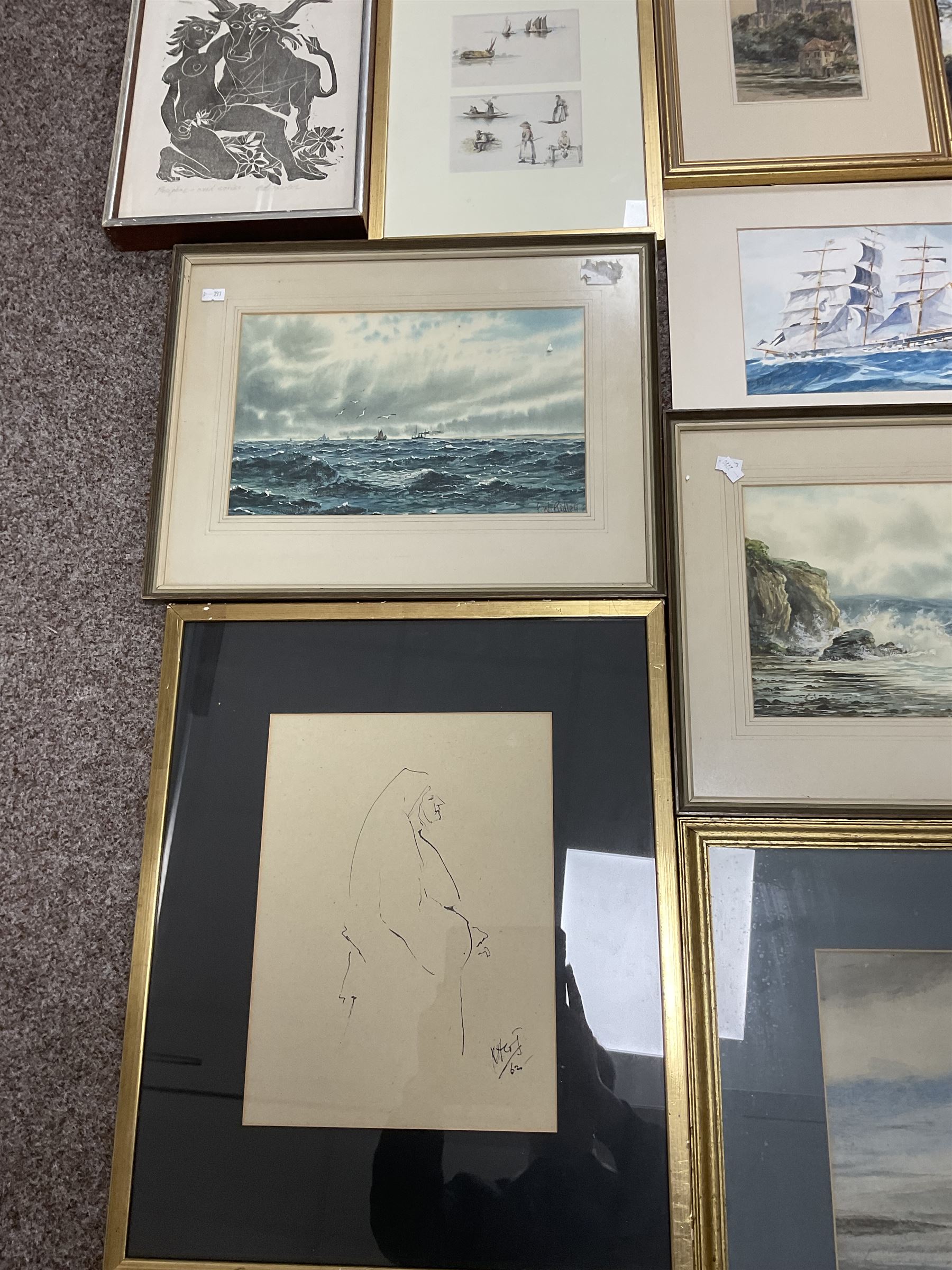 Collection of watercolours and other pictures, artists including FW Ridley (pair), AD Bell (pair unframed), James Orrock, Mel Fowler, Gianni, Michael Major (of Scalby Mills near Scarborough), still life oil in gilt frame, Whistler print, Japanese paintings on silk, etc