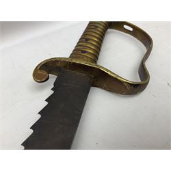 19th century British Model 1856 pioneer sword, with 57cm steel saw-back blade and brass knucklebow hilt, marked '4/90 4 R B 8' to quillon L70cm overall