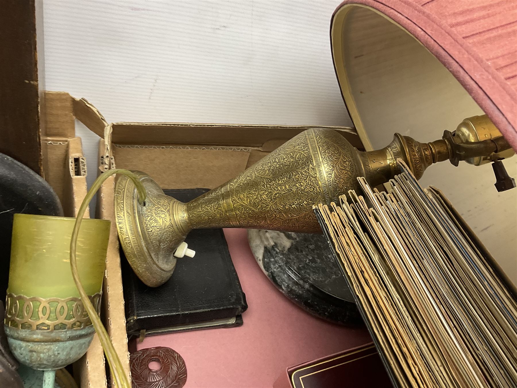 20th century Postilion brass and agate carriage clock with bevelled glass panel, H13cm, Peugeot Freres coffee grinder, silver-plate, figures, quantity of vinyl records, four The Works of William Shakespeare pub Odhams Press, brass lamp etc in three boxes