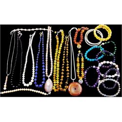 Silver gemstone bead jewellery including bracelets and necklaces set with pearl, amber, tiger's eye, amethyst and quartz etc