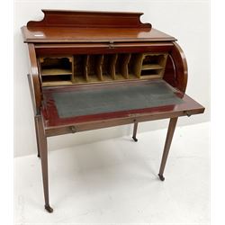 Edwardian inlaid mahogany barrel front bureau, raised shaped back, lift up front enclosing fitted interior and leather inset writing slide, two drawers, square tapering supports