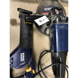 A quantity of hand tools including a Ferm FAG-230 angle grinder, a MacAllister reciprocating saw, a jig saw etc